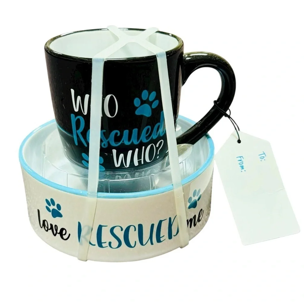 Pet Mug Bowl Set NEW Who Rescued Who? Love Rescued Me